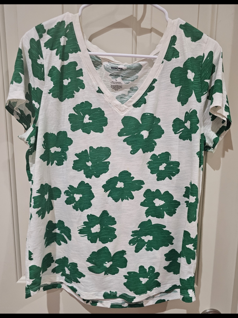 Sonoma White V-Neck Tee with Green Floral Pattern